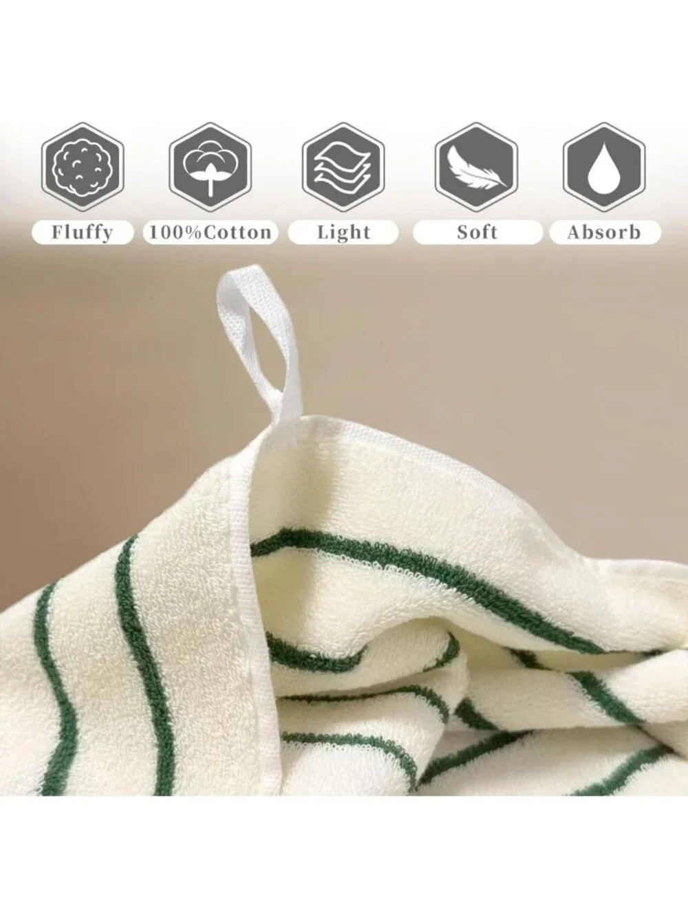 Set of 2 Green Stripe Cotton Hand Towels - Ultra Absorbent, Soft & Durable 13x28
